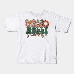 Holly Jolly Retro Bliss: Groovy Christmas Lights, Daisies, and Peace Signs Kids T-Shirt